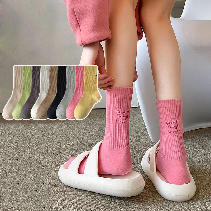 Socks For Women Korean Style 2023 New Colorful Letter Fashion Embroidery Socks Candy Color Crew Socks Cotton Simple Casual Soft