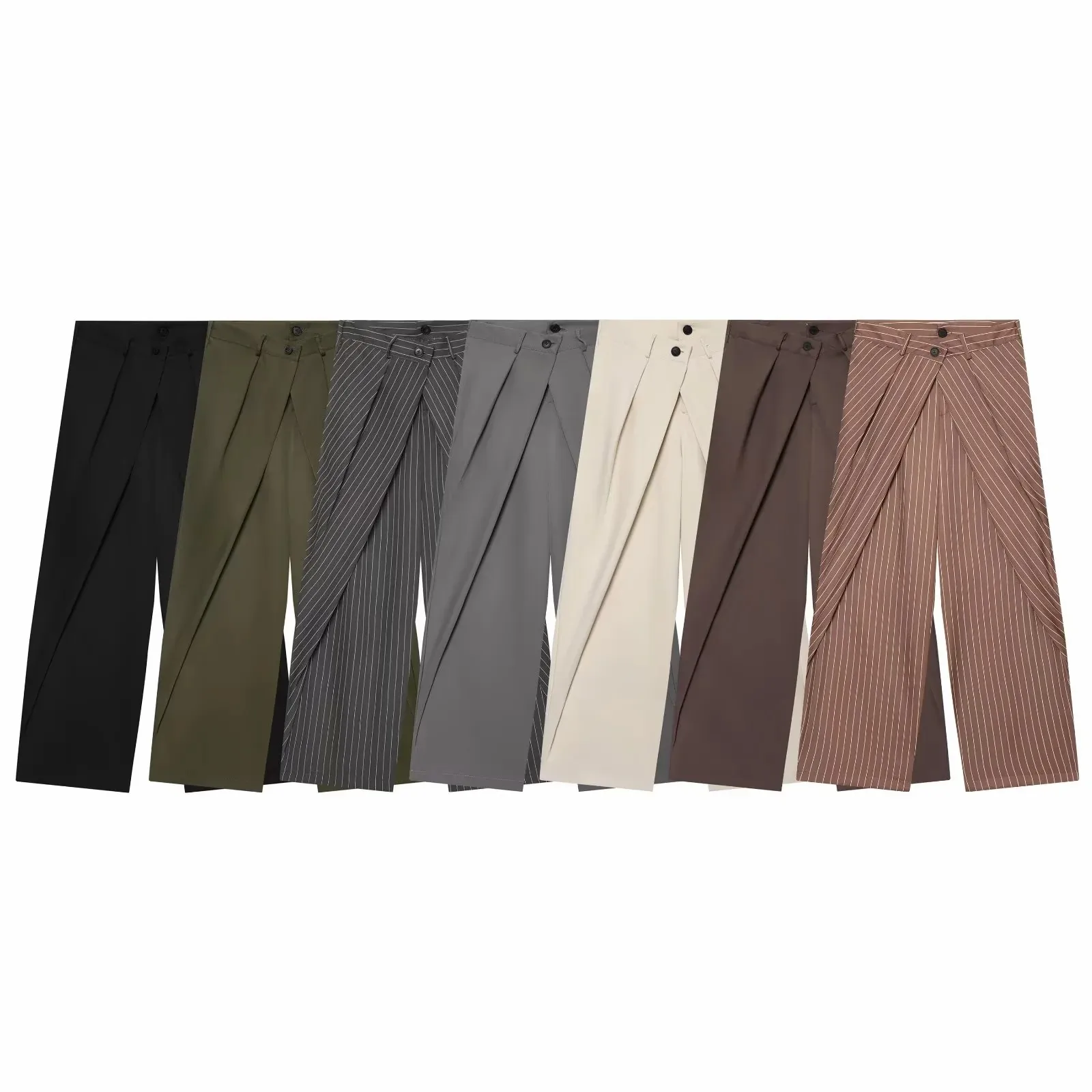 Damen High-Waist Weite Hosen Lässige Gestreifte Doppelknopf Elegante Loose-Fit Hosen – Detail 2
