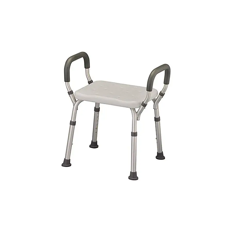 

Adjustable Shower Bench with Arms Lightweight Bath Seat with Padded Handles, Height 1520, White Plastic Seat with Drainage Holes