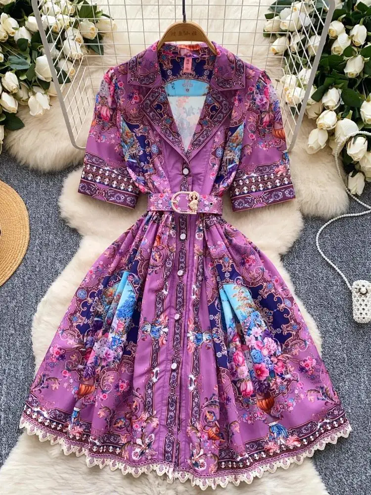 

Women Sashes Button Print Short Party Dress France Elegant Vintage Palace Evening Dress Female Casual Chic Festival Clothing New