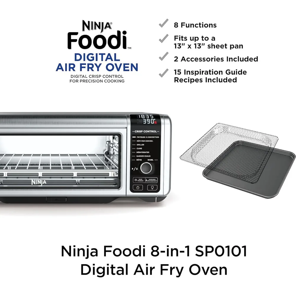 Forno de bancada digital Air Fry, função 8-em-1, flip up, capacidade de espaço de armazenamento ausente, com cesta de fritar a ar