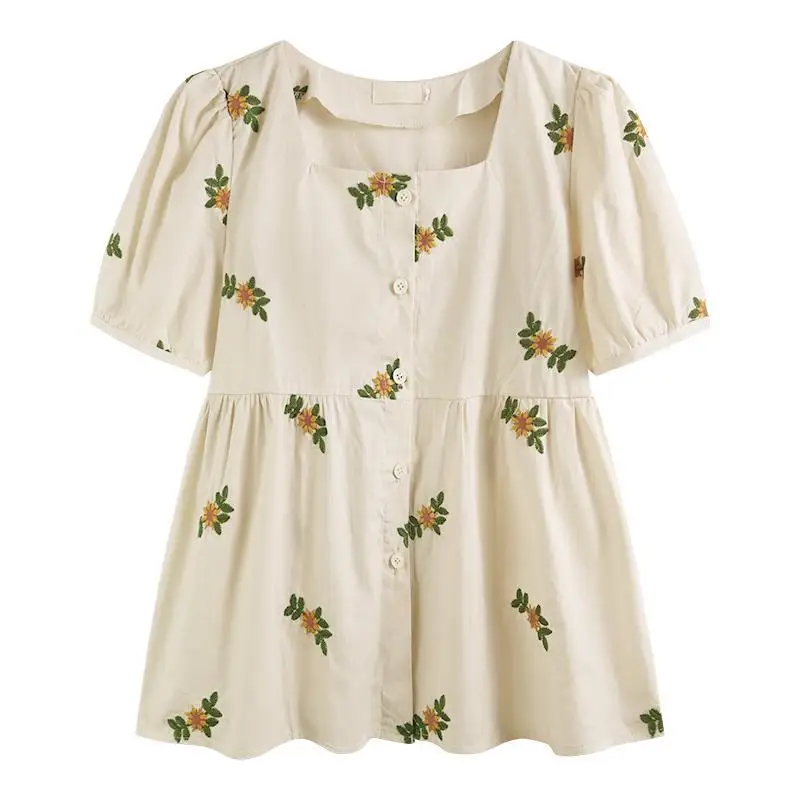 Koreaanse Chic Bladerdeeg Mouwen 2023 Zomer Mode Vierkante Kraag Blouse Overhemd Mode Zoete Bloemen Blusas Mujer De Moda