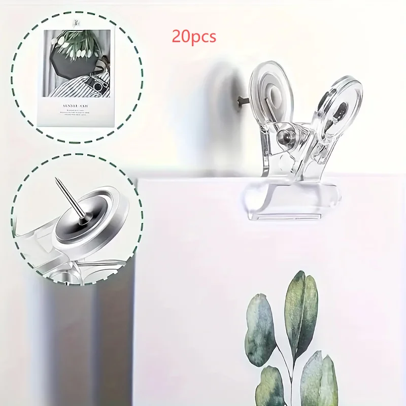 20Pcs Clear Bulldog Push Pin Clips, 30mm Transparent Plastic Thumbtack Clips for Cork Board, Bulletin Board & Photo Wall Decorat