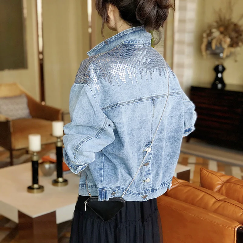 Blue Short Sequin Pocket Denim Jacket Women\'s Casual Denim Spring Autumn New Loose Fashion Jeans Jacket Women Long Sleeve Coat