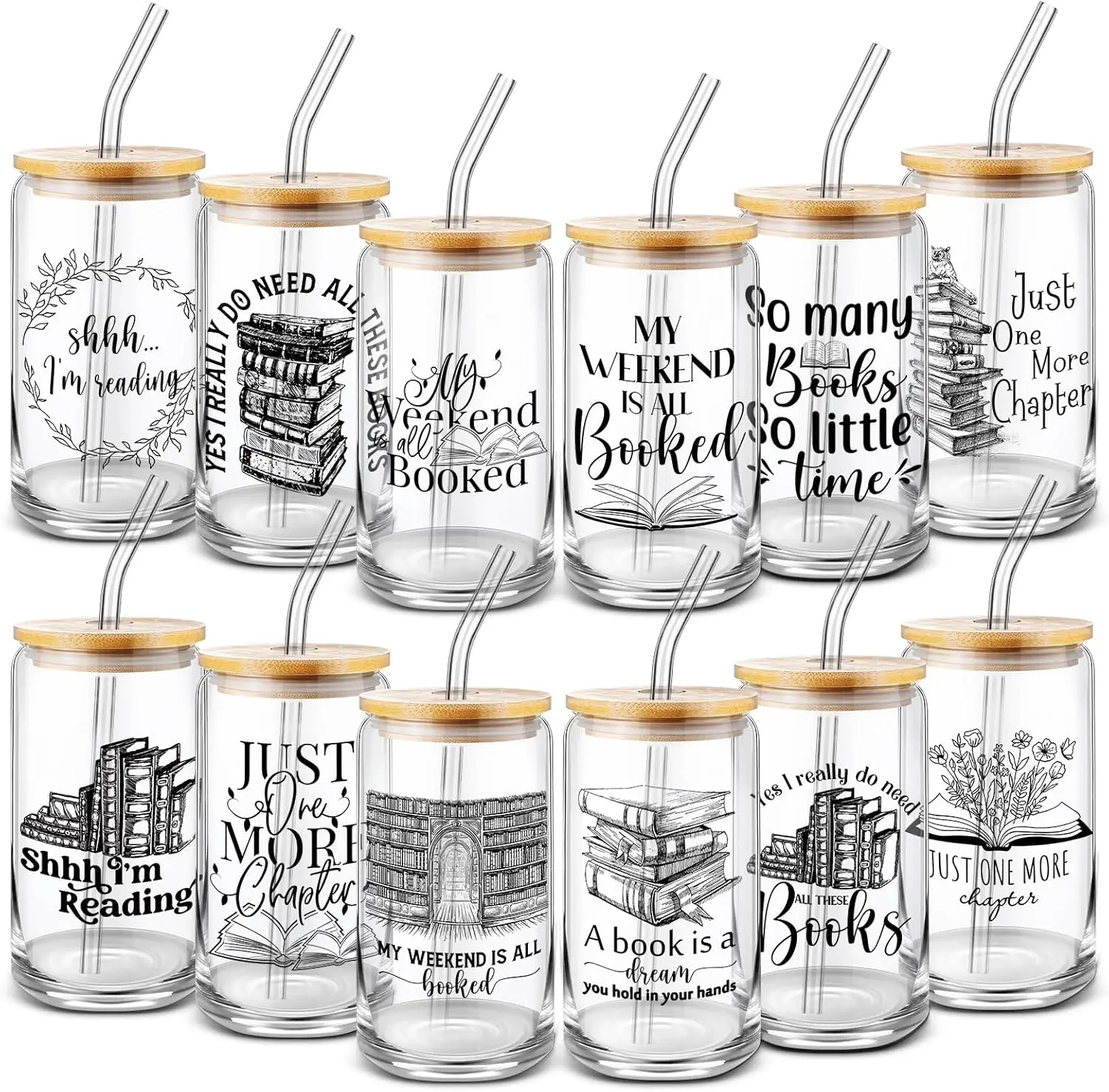 

12 Pcs Book Themed Glass Cups with Bamboo Lid & Straw - 16 oz Can Shaped Tumblers for Readers & Teachers