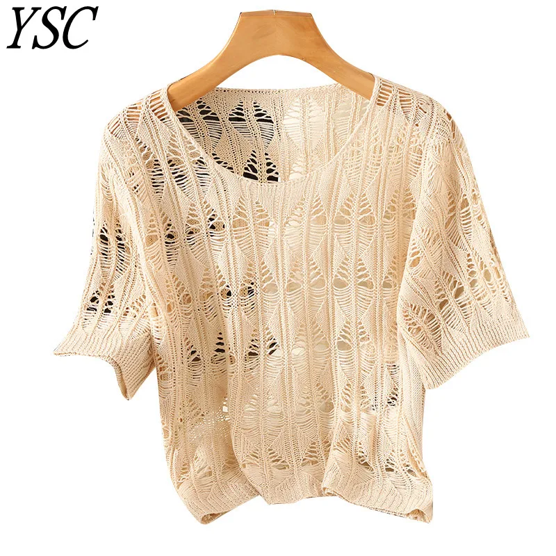 YSC 2024 New Fashion Women's High quality knitting ice shreds Sweater Round neck short sleeved Hollow out style Pullover