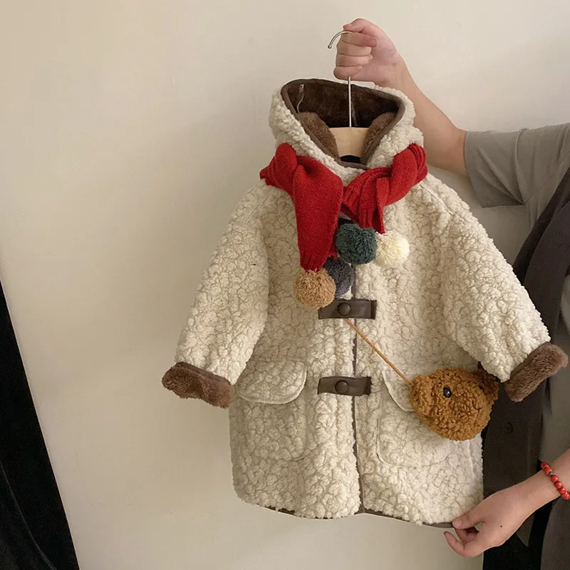 

Korean Winter Children Girl Outerwear Hooded Thicken Warm Baby Girl Woolen Jacket Horn Button Kid Girl Mid-length Coat Red Scarf