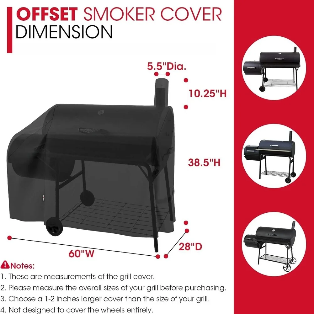 Sturdy Black Offset Grill Cover 60''W x 28''D for x 38.5''H 600D Polyester Windproof Fastening Straps for Multiple Grill Brands