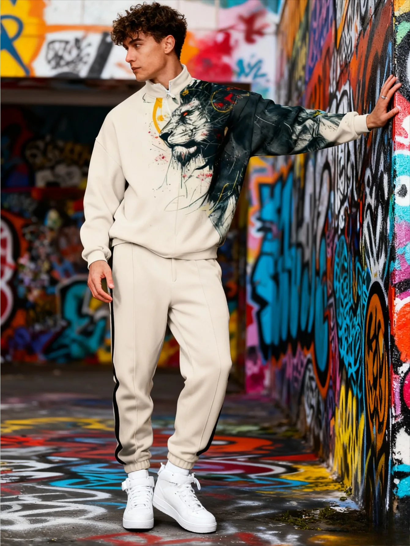 طقم رياضي بنصف سحاب مطبوع رقميًا للرجال من أوروبا وأمريكا - قماش سويت شيرت عالي الجودة صديق للبشرة