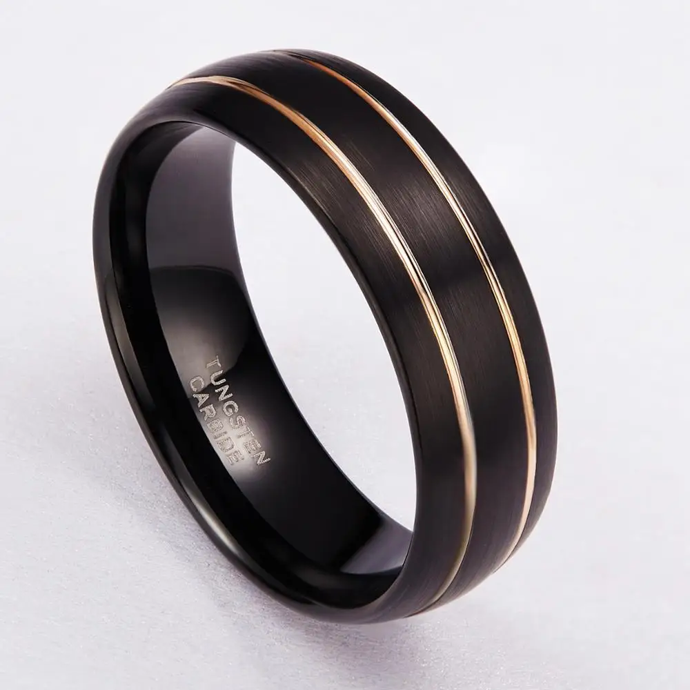 TIGRADE Tungsten Ring for Men Black With Gold Line 8mm Dome Comfort Fit Wedding Ring Jewelry Fashion Mens Quality Ring anel masc