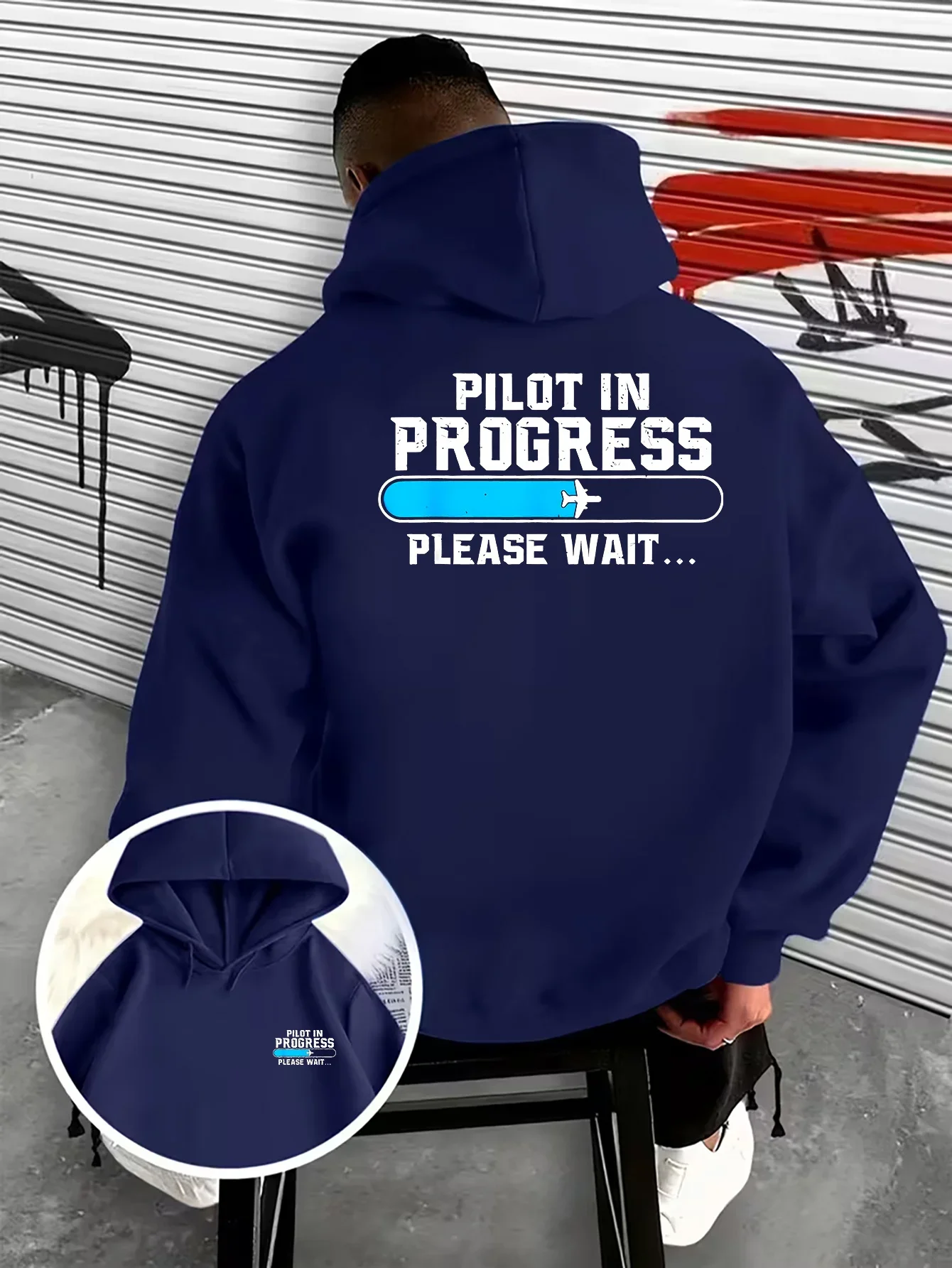 Men Y2K Retro Humor Graphic Hoodie Pilot Training Loading Bar Art Back Chest Dual Print Autumn Winter Fleece Lined Loose Hoodie