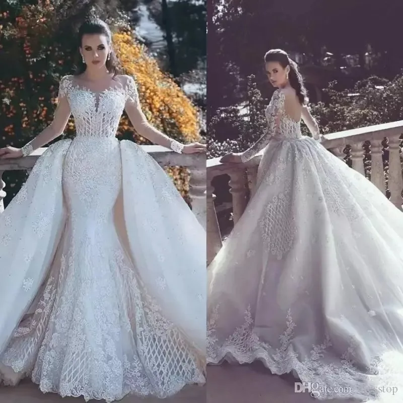 

Backless Mermaid Lace Wedding Dresses With Detachable Train Plunging Neck Wedding Dress Illusion Sleeves Beaded Bridal Gowns