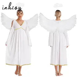 White Angel Costume for Woman Princess Fairy Cosplay Maxi Dress with Wings Set Halloween Party Angel Role Play Fancy Dress Up