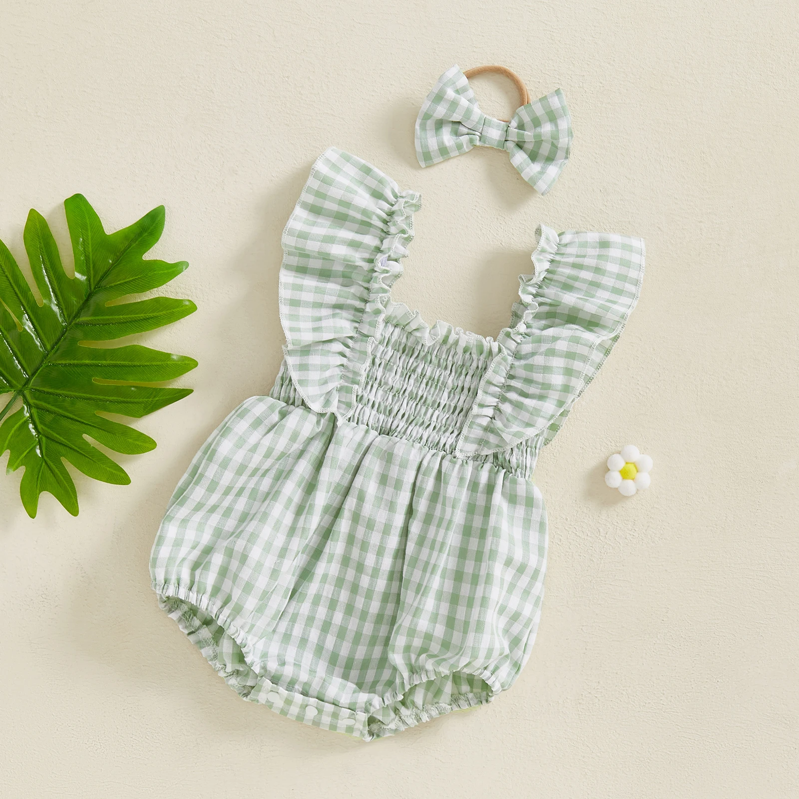 Baby Girl Cute Outfits Ruffle Sleeveless Square Neck Plaid Print Romper with Headband Set Summer Newborn Clothes