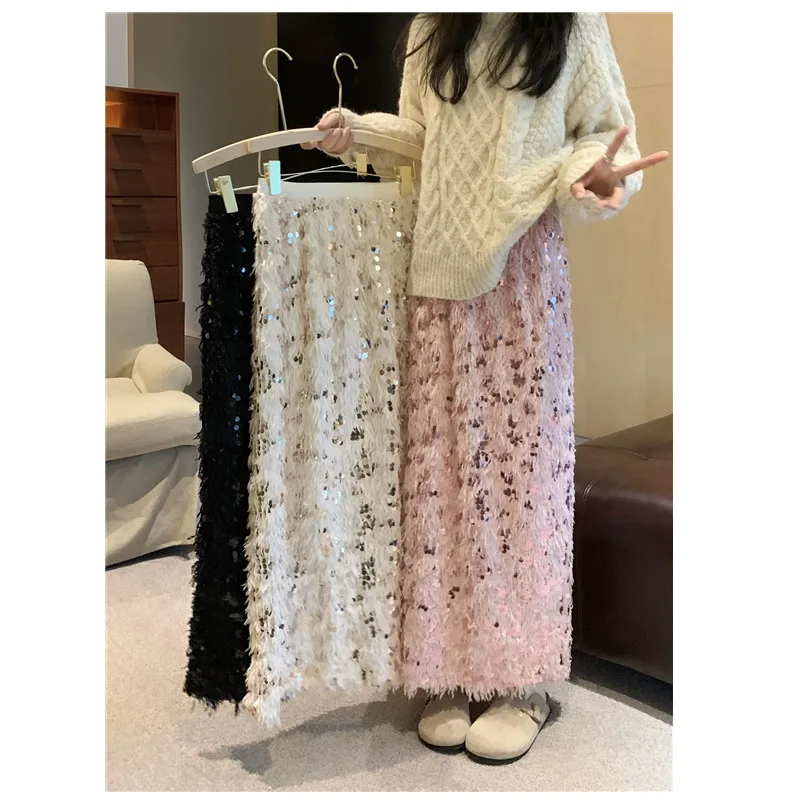 Winter Warm Fairy Sequined Back Split Long Knitted Skirts Elegant Feathers Stretch Long Straight Knit Skirts Pink Beige Gray