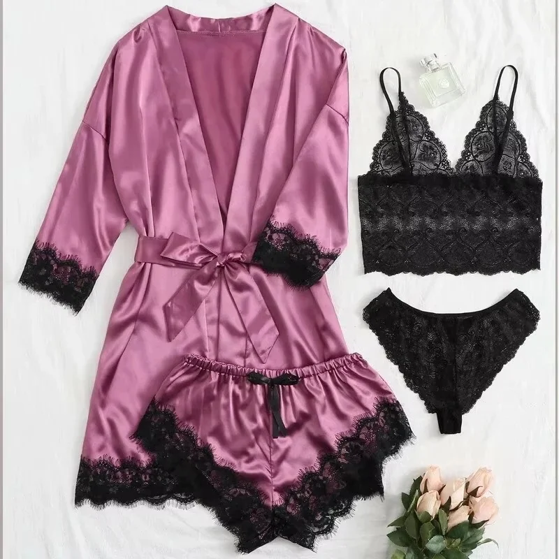 Women's Summer Sexy Pajama Pants Set 4 Pieces Lace Satin With Silk Sleepwear Robe Fashion And Comfortable Nightwear