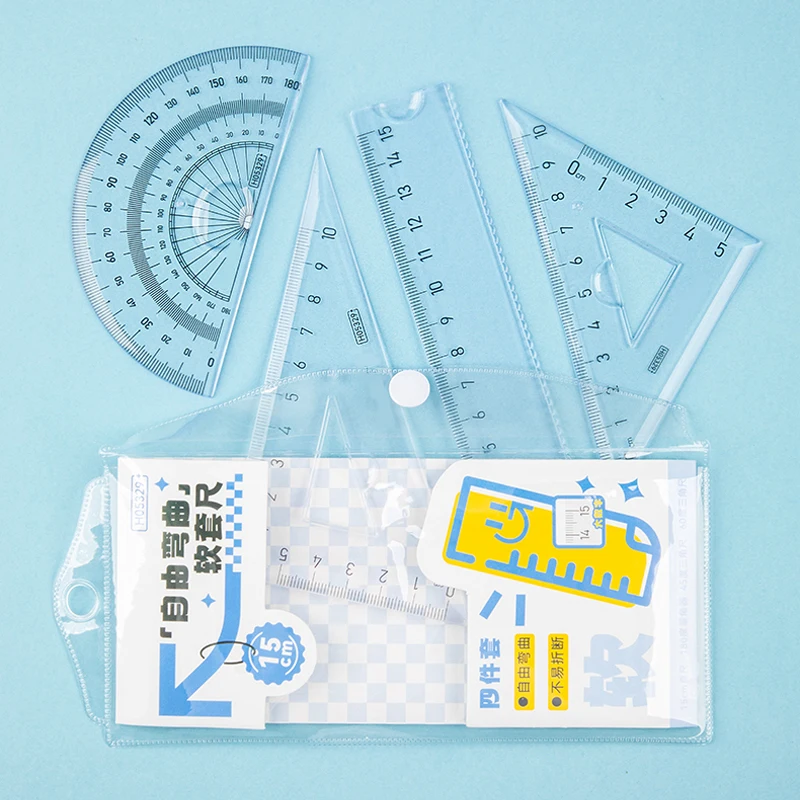 4 개/대 부드러운 구부릴 수있는 직선 눈금자 15cm 20cm 각도기 삼각형 규칙 플라스틱 어린이 학생 문구 용품