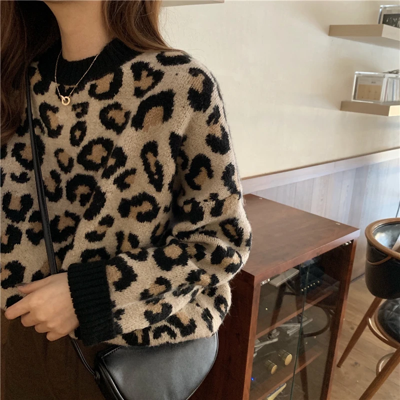 Lazy Vintage Loose Bottom Pullovers O Neck Long Sleeve Leopard Sweater Women Knitwear Print Tops Casual Autumn Dropship Pull