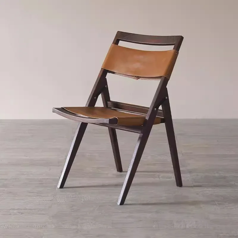 Japanese antique replica Vintage solid wood leather dining chair, B & B retro old wood oil wax leather folding chair