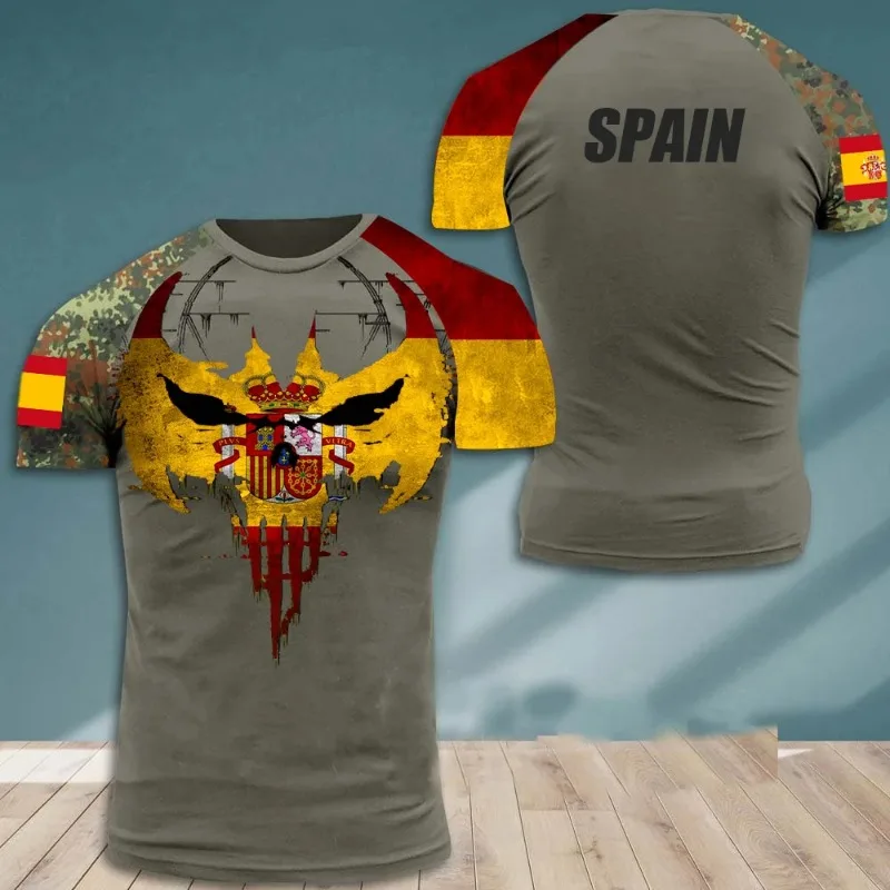 Fashion New Spanish Army Men's T-Shirt Veteran Soldier Flag Print Summer Short Sleeve Oversized O Neck Pullover Tops Clothing