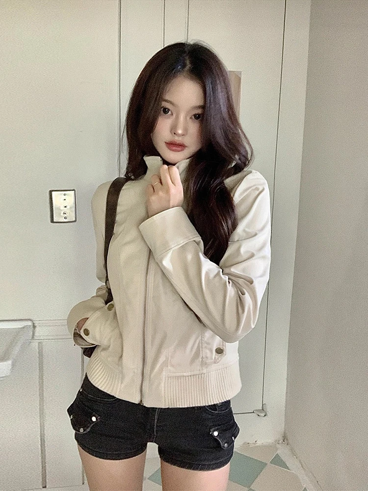 

Chic American Retro Stand Collar ort Jaet Women's Slimming Long Sve Outerwear Casual Loose Fit Single Piece Zipper Clo...
