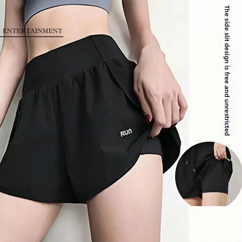 

Anti-glare Lining 2 in 1 Yoga Shorts Loose Fitting Hem Elastic Sports Shorts Breathable Side Pockets Fitness Shorts Summer
