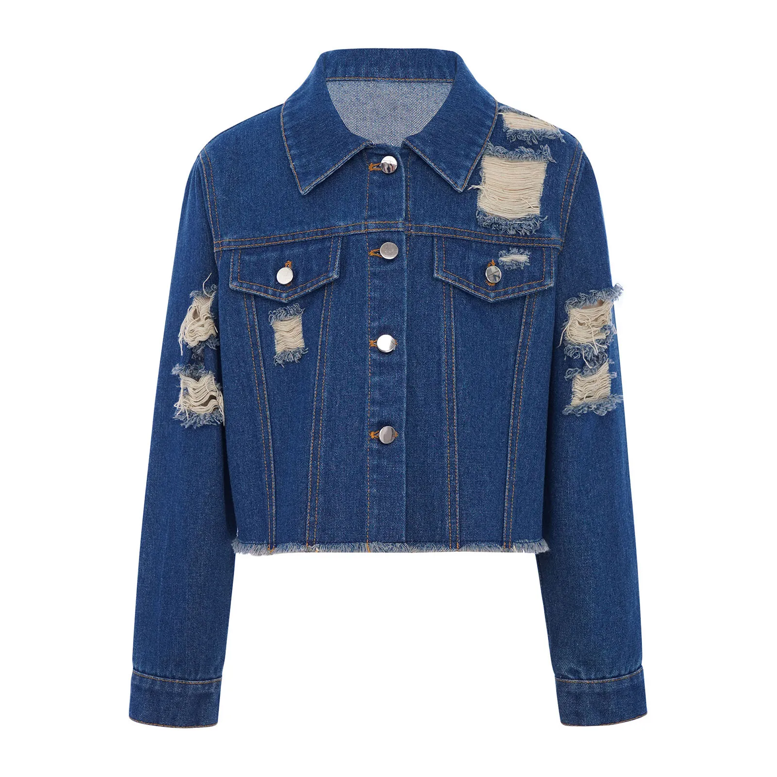 

Kids Girls Denim Jacket Autumn Casual Turn-Down Collar Long Sleeve Button Raw Hem Ripped Coat Outerwear for Skateboarding Street