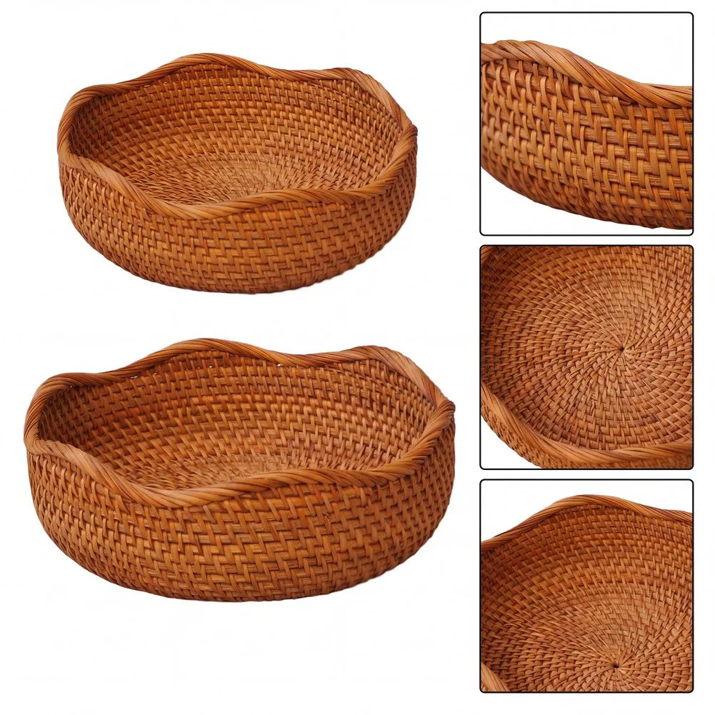 Rattan Fruit Basket Round Handwoven Tray with Elegant Wavy Edge for Bread For Fruits Small Items Home Use 25x8cm Brown