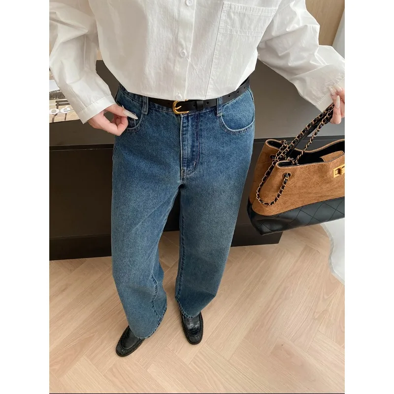 Women Denim Pant Jeans Long Pants Vintage High Waist Straight Trousers Y2k Streetwear Elegant Splice Work Casual Autumn Winter