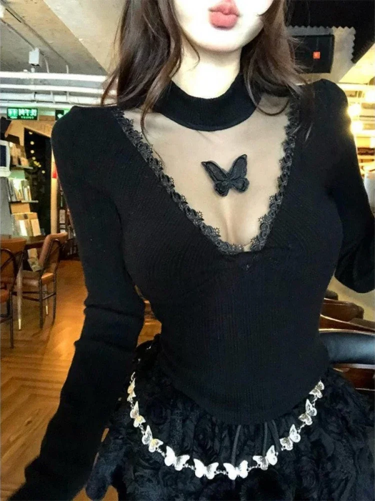 Y2k Aesthetic Women Sexy Knitted  T-shirt Vintage Lace Patchwork Grunge Cropped Tshirts Harajuku Vintage See Through Tees Femme