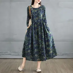 New Chinese Style Women Clothing Retro Cotton and Linen Long-sleeved Women Clothing Spring and Autumn Retro Skirts Dresses