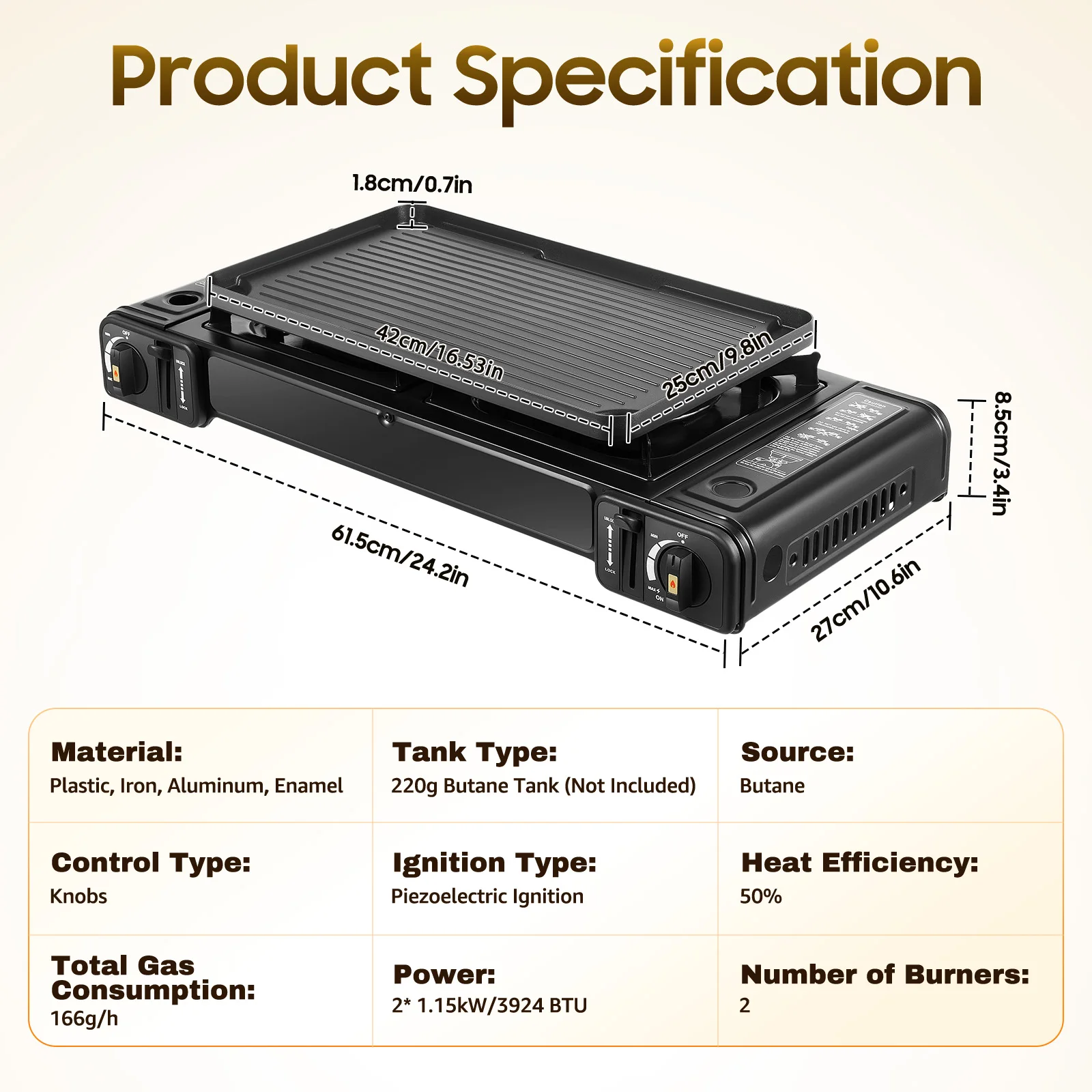 مخيم الشيف الثنائي 2 الموقد البيوتان موقد 42 سنتيمتر صينية شواء قفل التبديل المزدوج 1.15 كيلو واط القلي الغليان التخييم نزهة