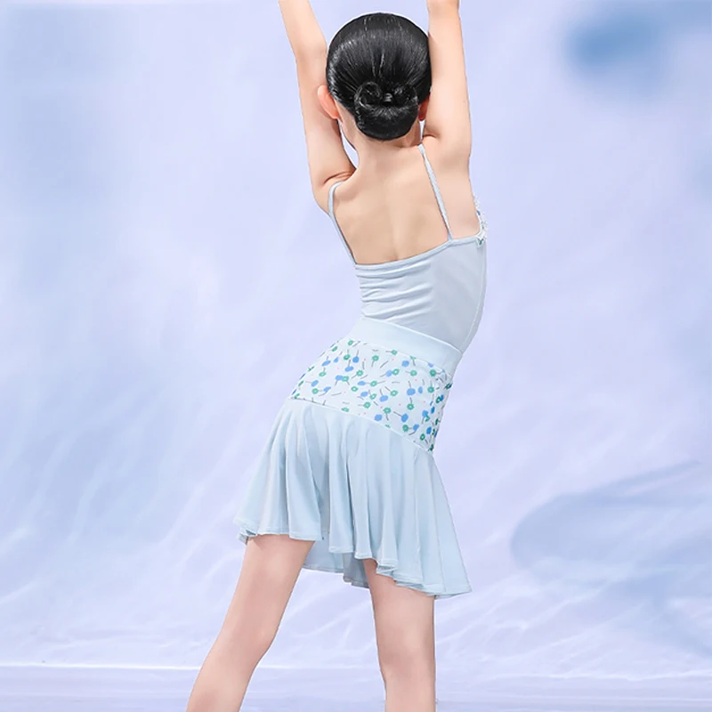 Baby Blue ชุดเต้นรำละตินสำหรับสาวฤดูร้อน Leotard ชุดกระโปรง ChaCha ฝึกสวมใส่ Samba Rumba เครื่องแต่งกาย YS4018