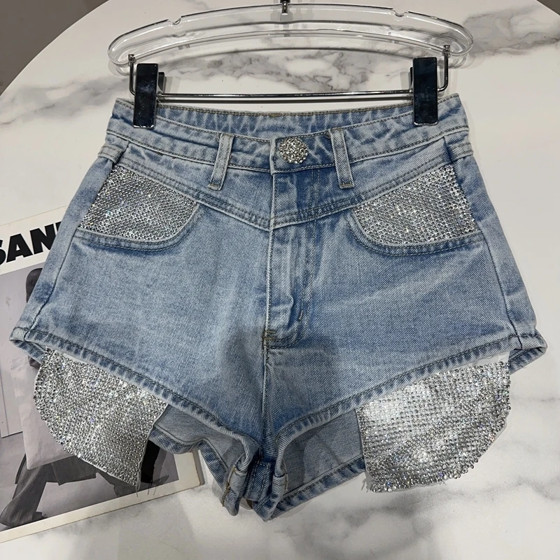 PREPOMP 2023 Summer New Collection Rhinestone Pockets Light Blue Denim Shorts Women Slim Short Jeans GF468