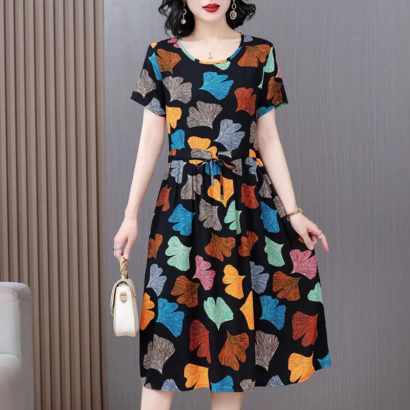 2023 Summer New High end Cotton Silk Round Neck Casual Commuter Fashion Trend Drawstring Elegant Versatile Mid length dresses