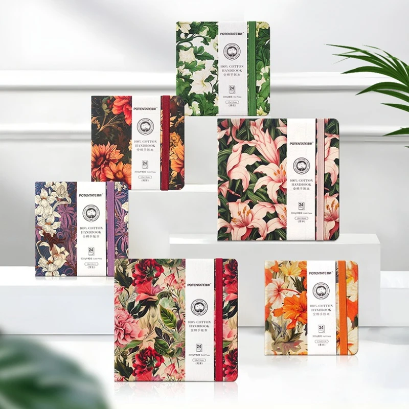 

New POTENTOTE 100% Cotton Watercolor Book 300g Square Fabric Hand Ledger Fine/Medium Grain Portable Sketch Book Art Supplies