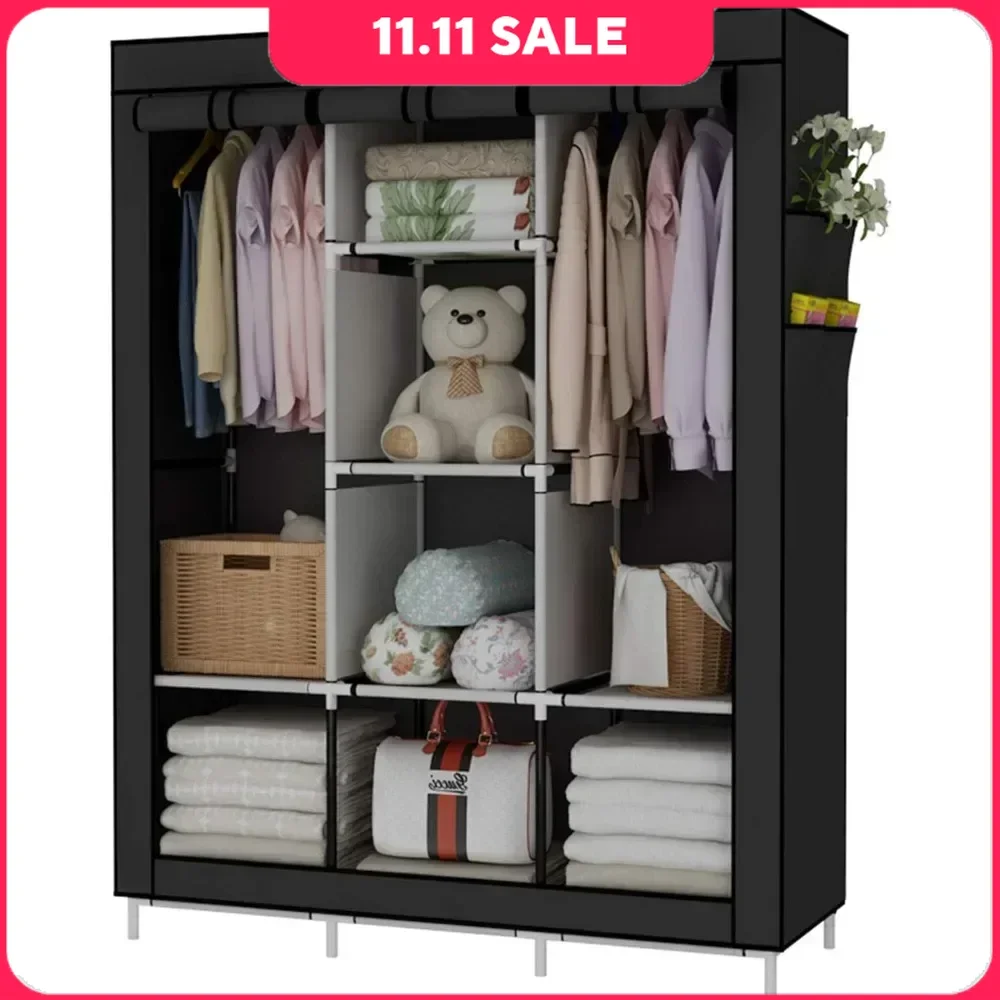 

Portable Wardrobe Closet Clothes Organizer Non-Woven Fabric Cover with 6 Storage Shelves, 2 Hanging Sections and 4 Side Pockets