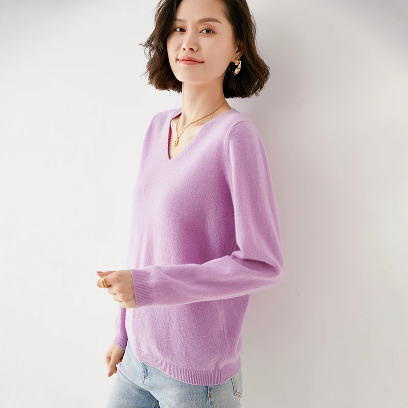 Off-Season Big Sale Autumn And Winter Women\'s 100% Pure Wool V-Neck Loose Pullover Sweater Basic Style All-Match Knitted Sweater