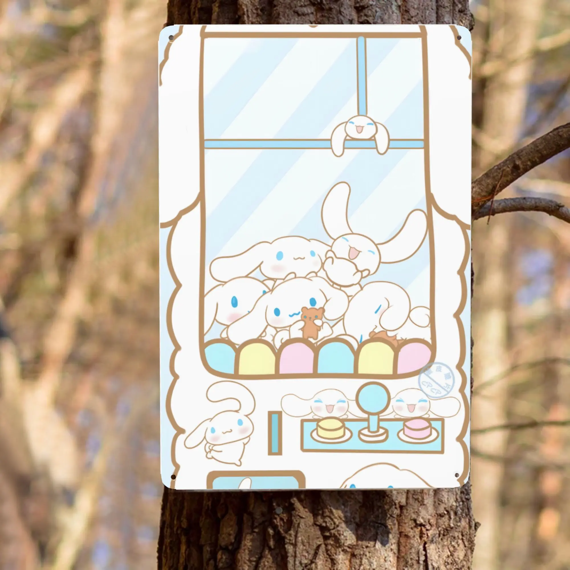 1 unidad, Animal de peluche sentado en la ventana sobre fondo azul, cartel de estaño Sanrio de 8x12 pulgadas, arte de pared de Metal para cocina, jardín, dormitorio Ba