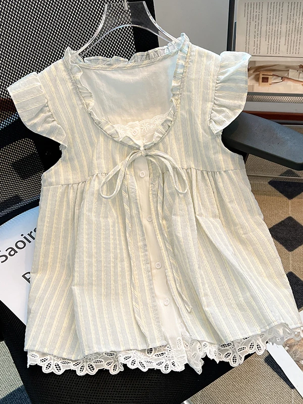 

Корейский летний женский топ-жилет в синюю полоску, имитация двухслойности, оригинальный дизайн, приталенный крой