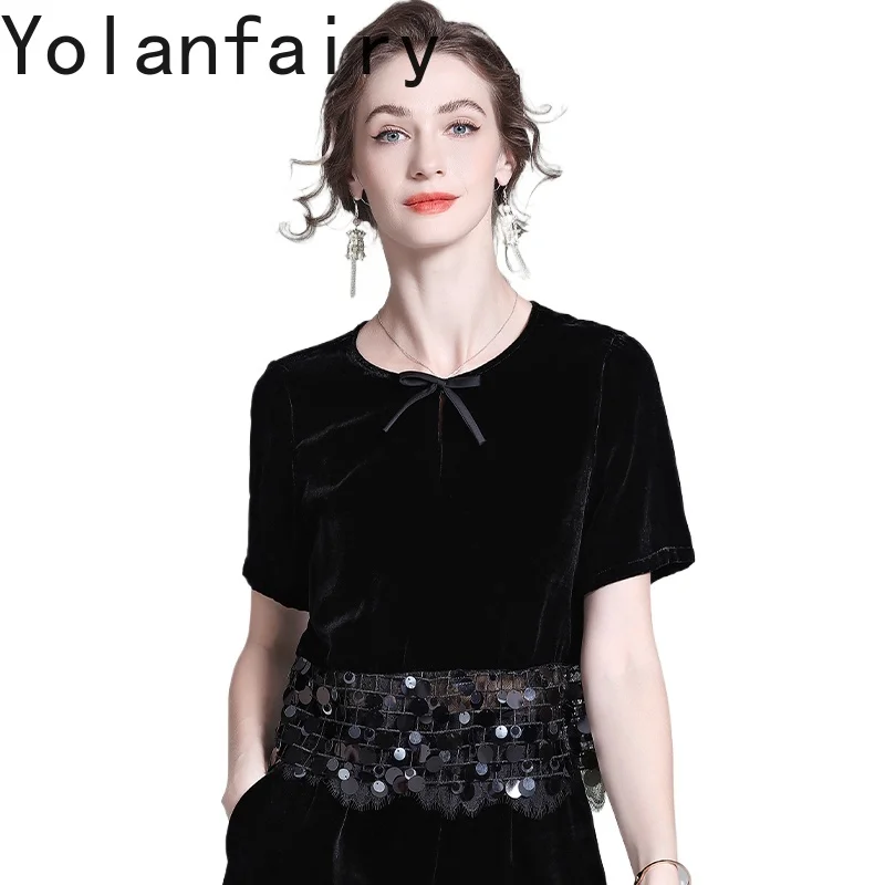 

YOLANFAIRY, бархатные футболки из натурального шелка, женские элегантные винтажные женские топы, блузки, футболка в корейском стиле с тяжелыми пайетками, черные рубашки
