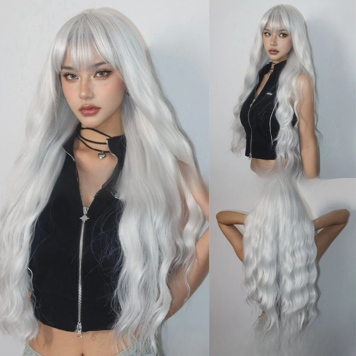 

Wig full headgear gray-white Qi bangs big waves long curly hair cos chemical fiber women's headgear wigs