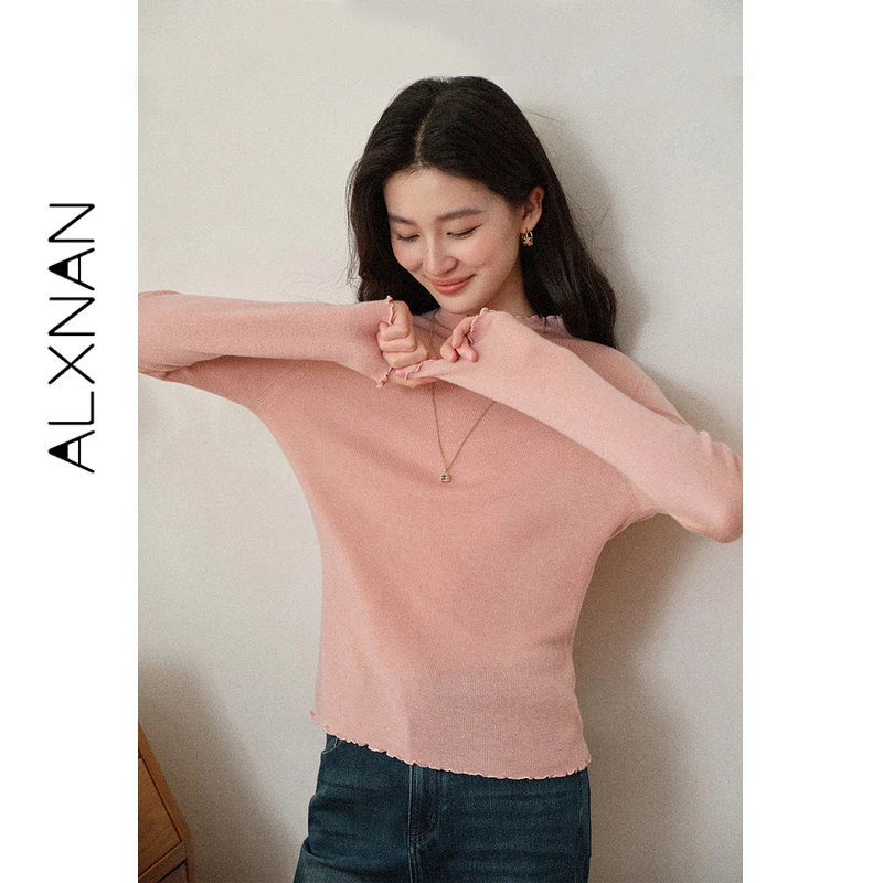 

ALXNAN Women's Wool Sweater 2025 Fall Pink Wood Ear Crew Neck Long Sleeve Knitwear Elegant Slim-fit Female Pullover L578115-1