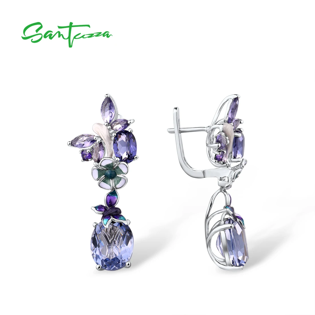 SANTUZZA Silver Jewelry Set For Woman 925 Sterling Silver Sparkling Purple Butterfly & Flower Ring Earrings Set Fine Jewelry