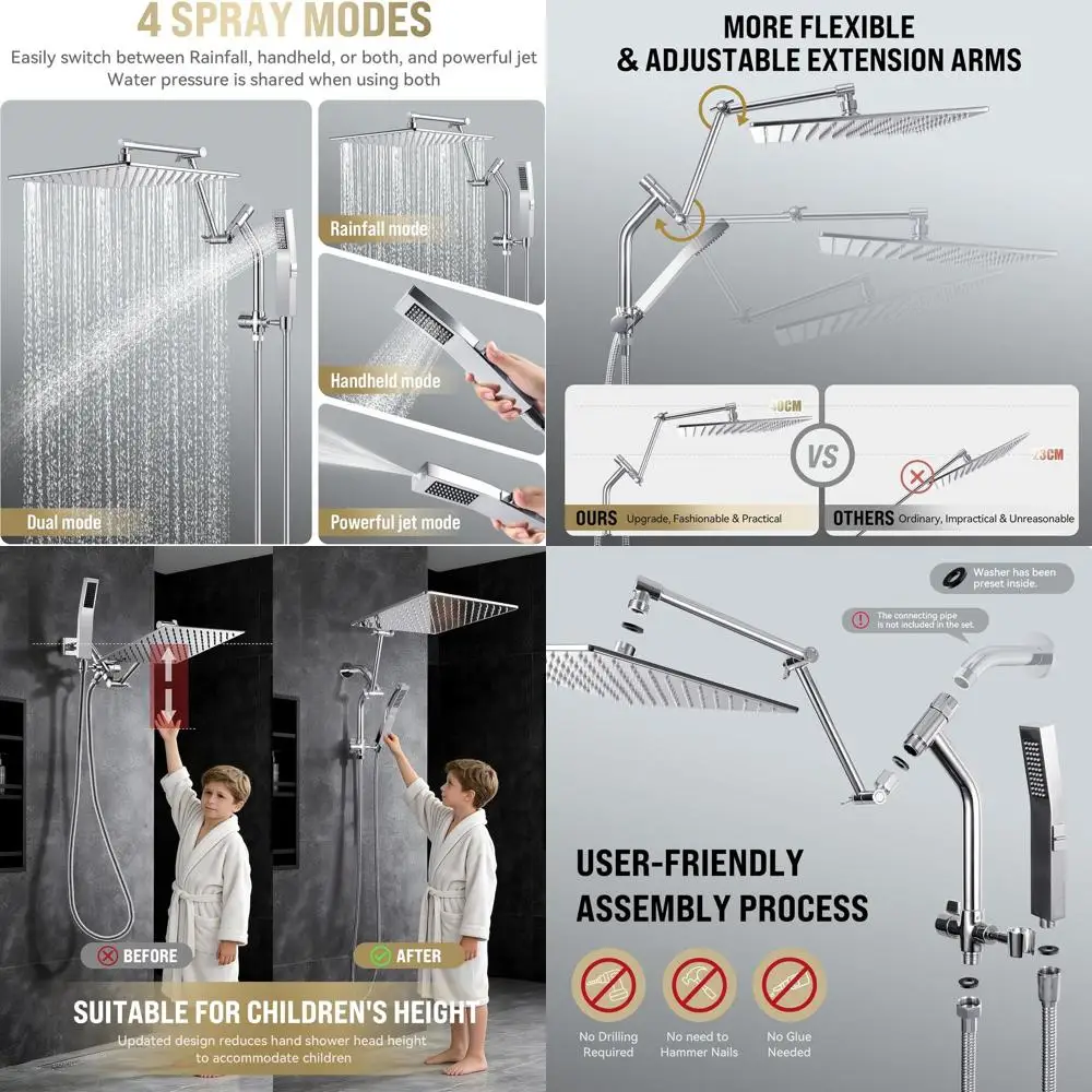 

10-Inch Rain Shower with Handheld and Power Wash, Square Head, 16 Extension Arm, Dual Shower, Chrome