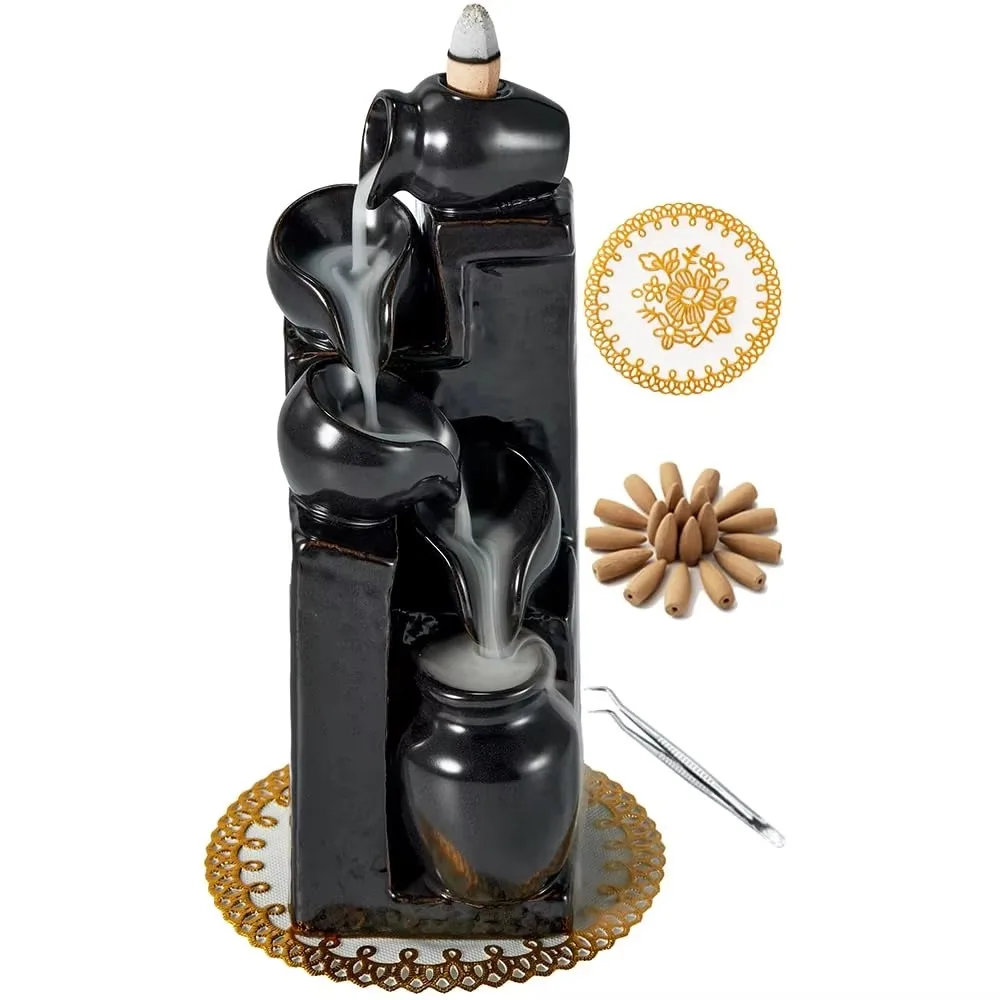 Unique Cascading Basins Ceramic Waterfall Incense Holder, Paired with a Pack of Backflow Incense Cones. (Primary)