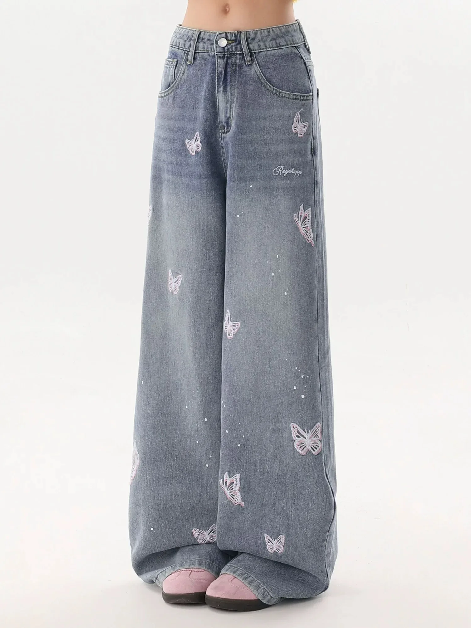 American Retro Butterfly Embroidered Women Jeans Loose Loose Slim Y2K Woman Jeans Simple Basic Fashion Straight Leg Pants Female