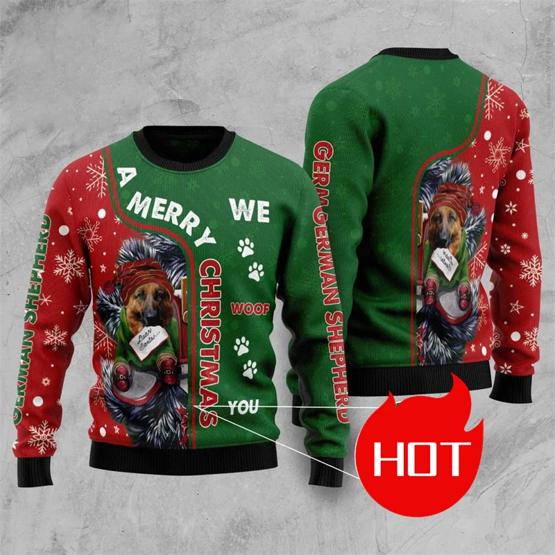 New 3D Printed Ugly Christmas Sweater Men Trending Pullover Tops German Shepherd Pattern Print Ugly Sweatshirt Unisex Clothing