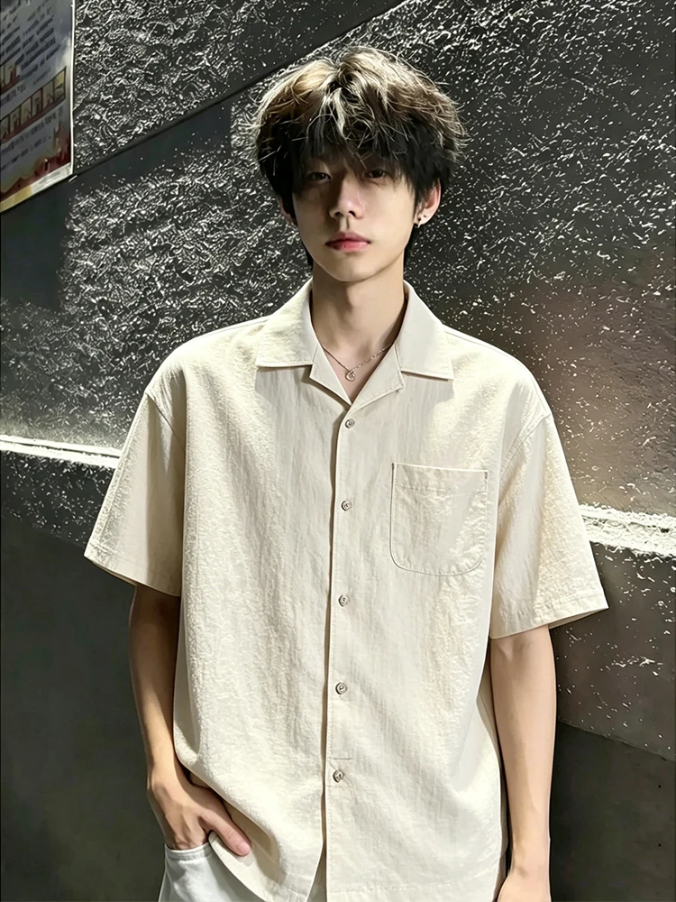 

Linen Short Sleeve Shirt Men's Summer Thin Silk Cuban Collar Loose Fit American Preppy Style Outerwear Breathable Sun Protection
