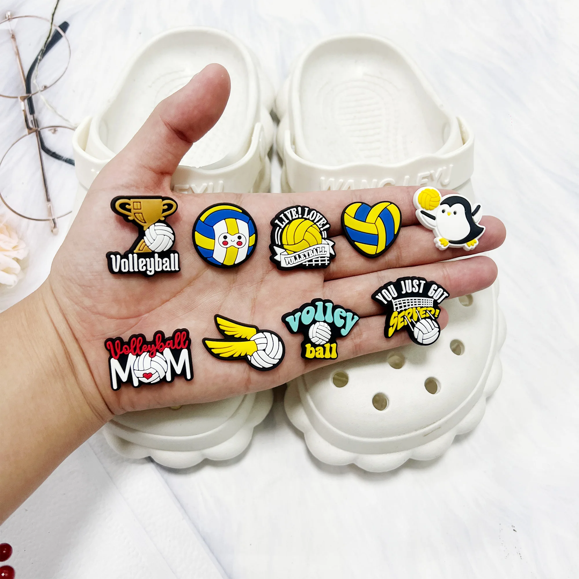 1-9PCS  Live Love Volleyball Penguin PVC Shoes Charms Hole Slipper Buckle Decorations Garden Shoes Accessories Fit Birthday Gift